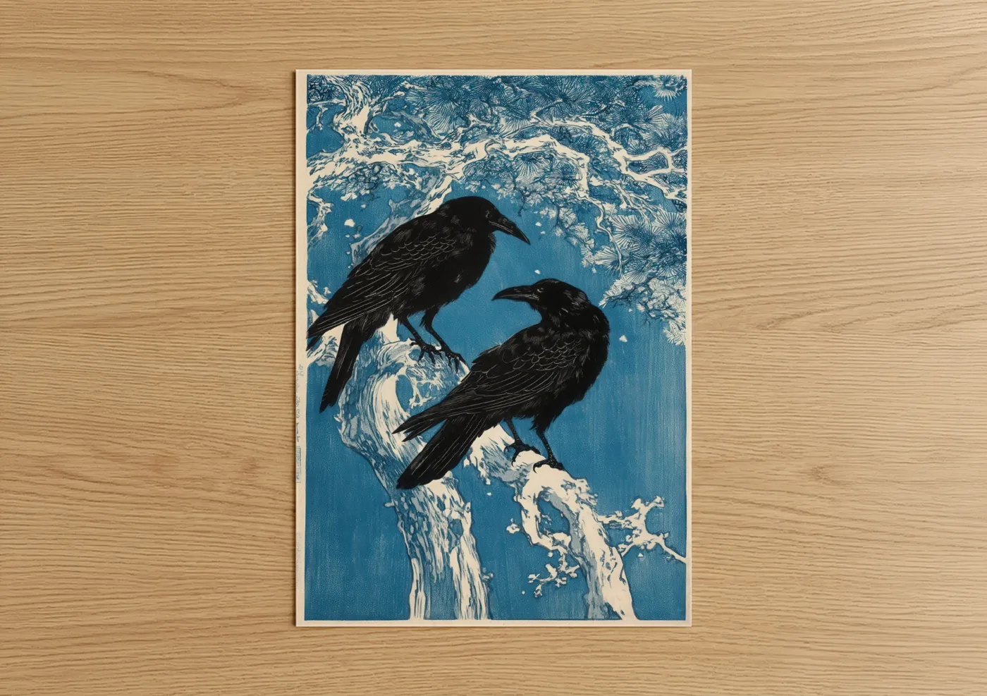 Crows and ravens art print on warm oak wood — blue and black and white palette — Winter Crows poster