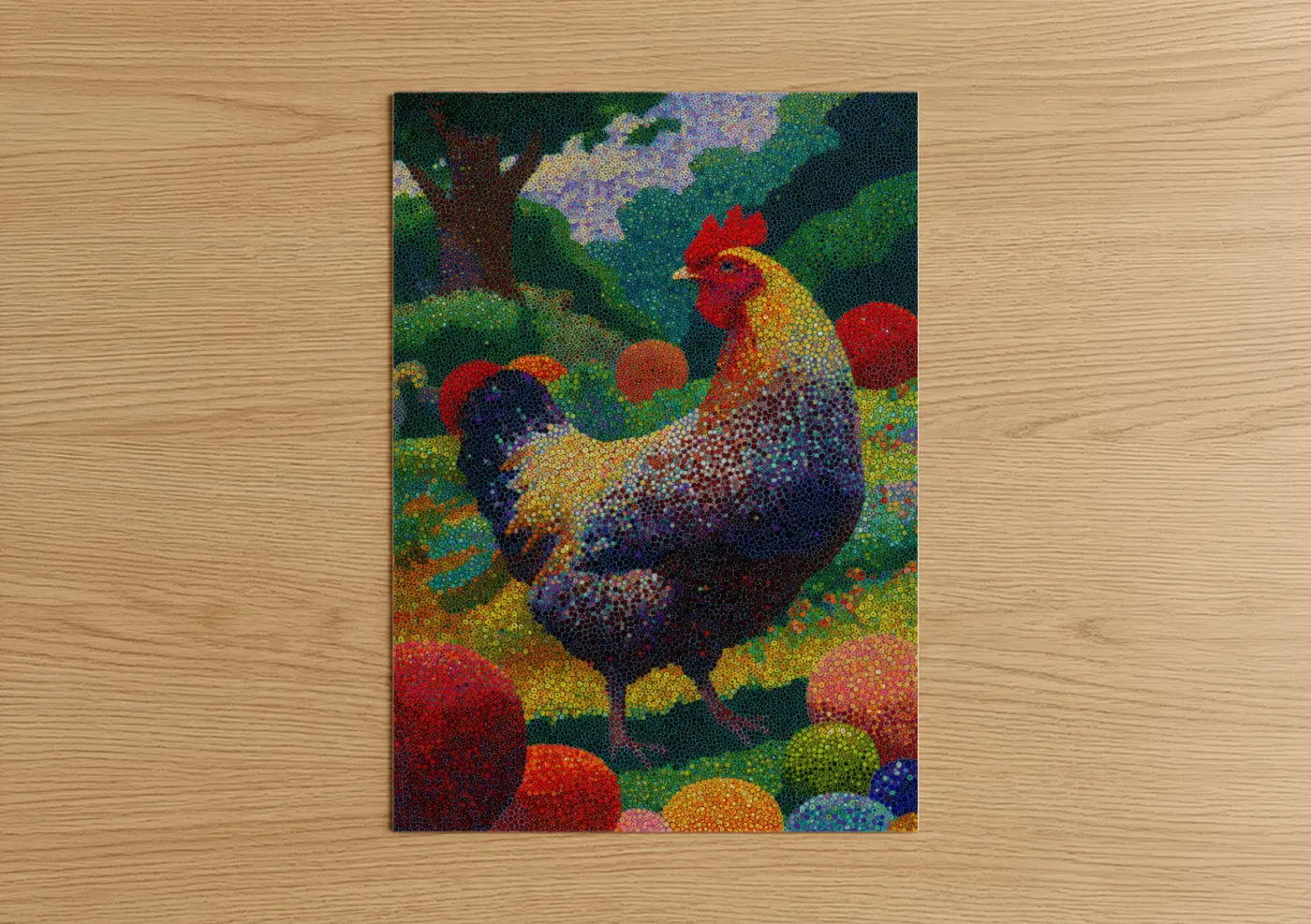 Chicken and roosters art print on warm oak wood — true green and red palette — Pointillist Rooster poster