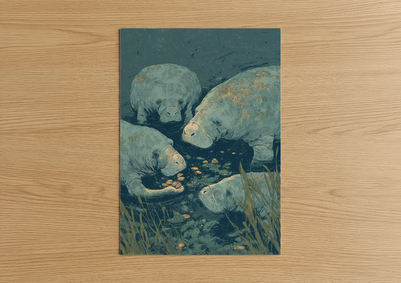 Manatees art print on warm oak wood — blue and white and sage green palette — Manatee Family Gathering poster