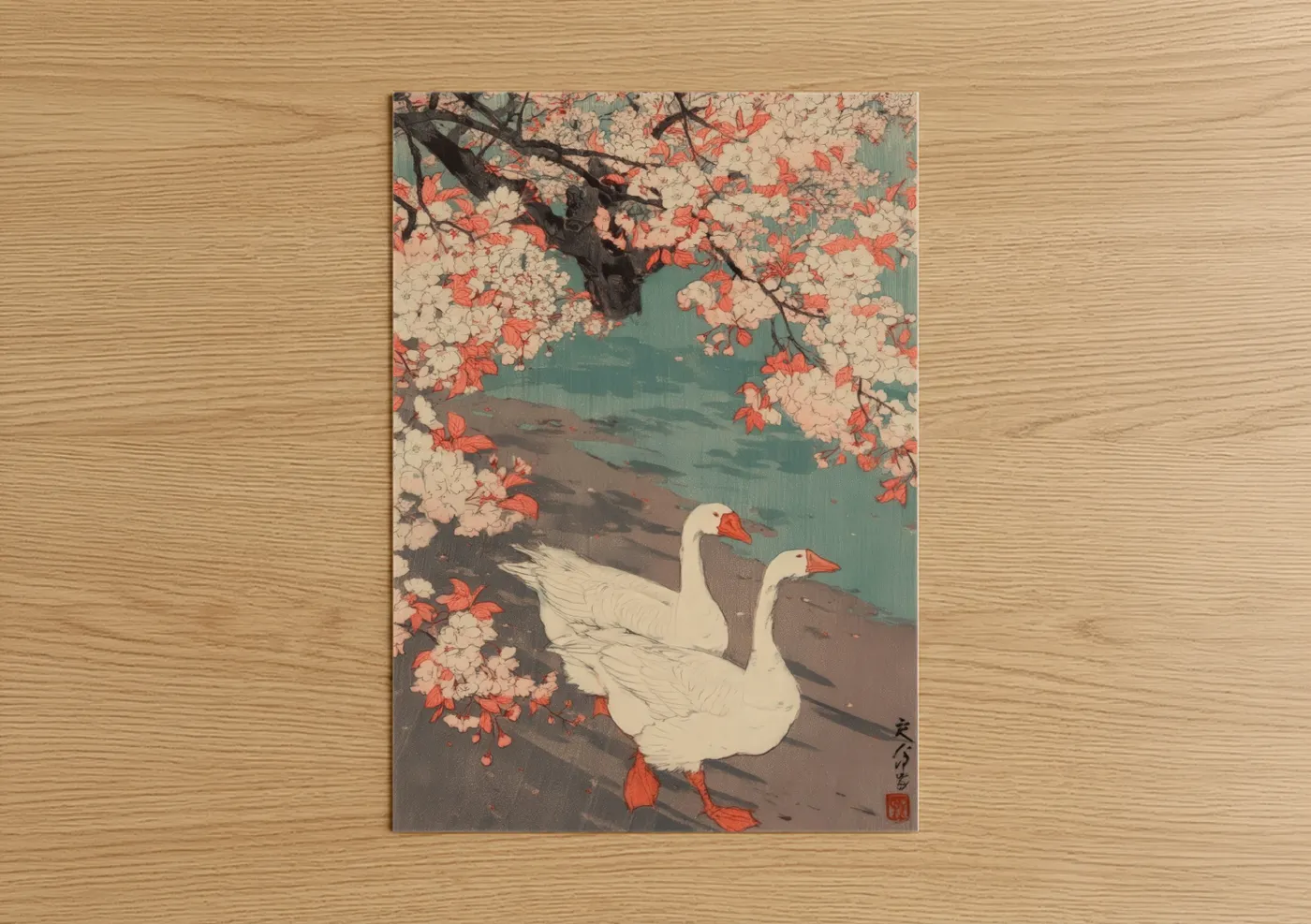 Art print on warm oak wood — cream and teal palette — Blossom Geese Pair poster
