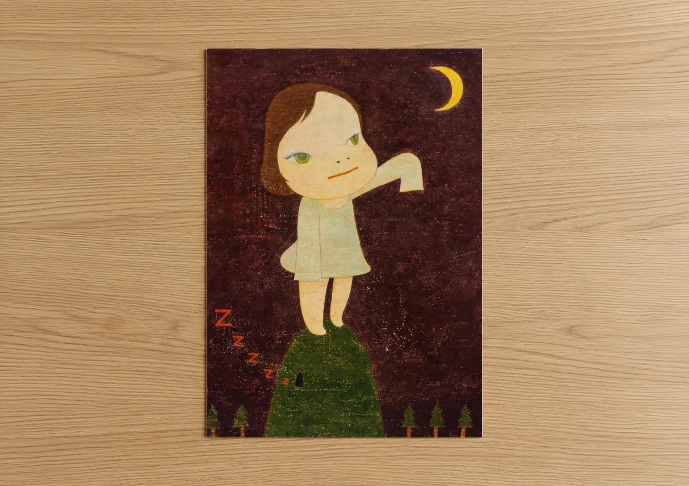 Art print on warm oak wood — maroon and cream palette — Moonlit Girl Night Sky Wall Art poster