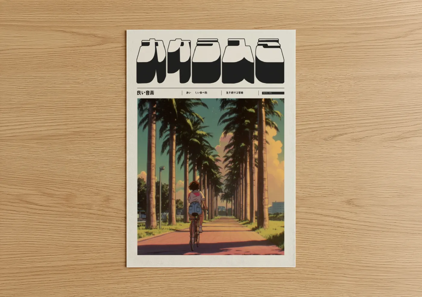 Anime Cyclist Palm Tree Avenue Sunset Wall Art