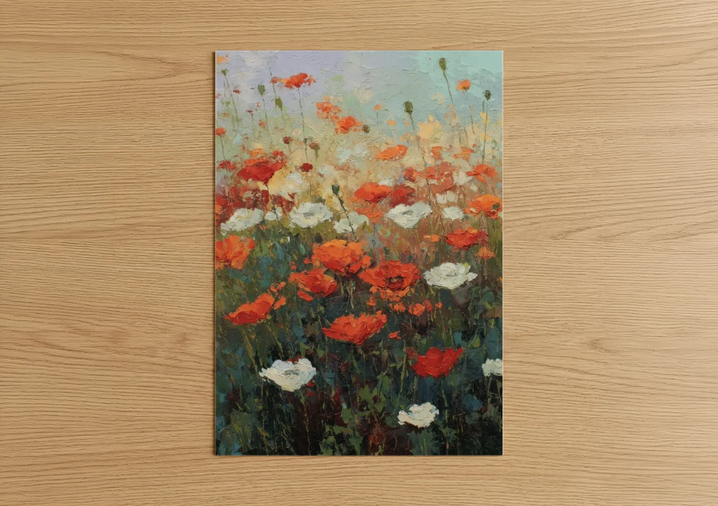 Poppies art print on warm oak wood — red and cream palette — Vibrant Poppy Field poster