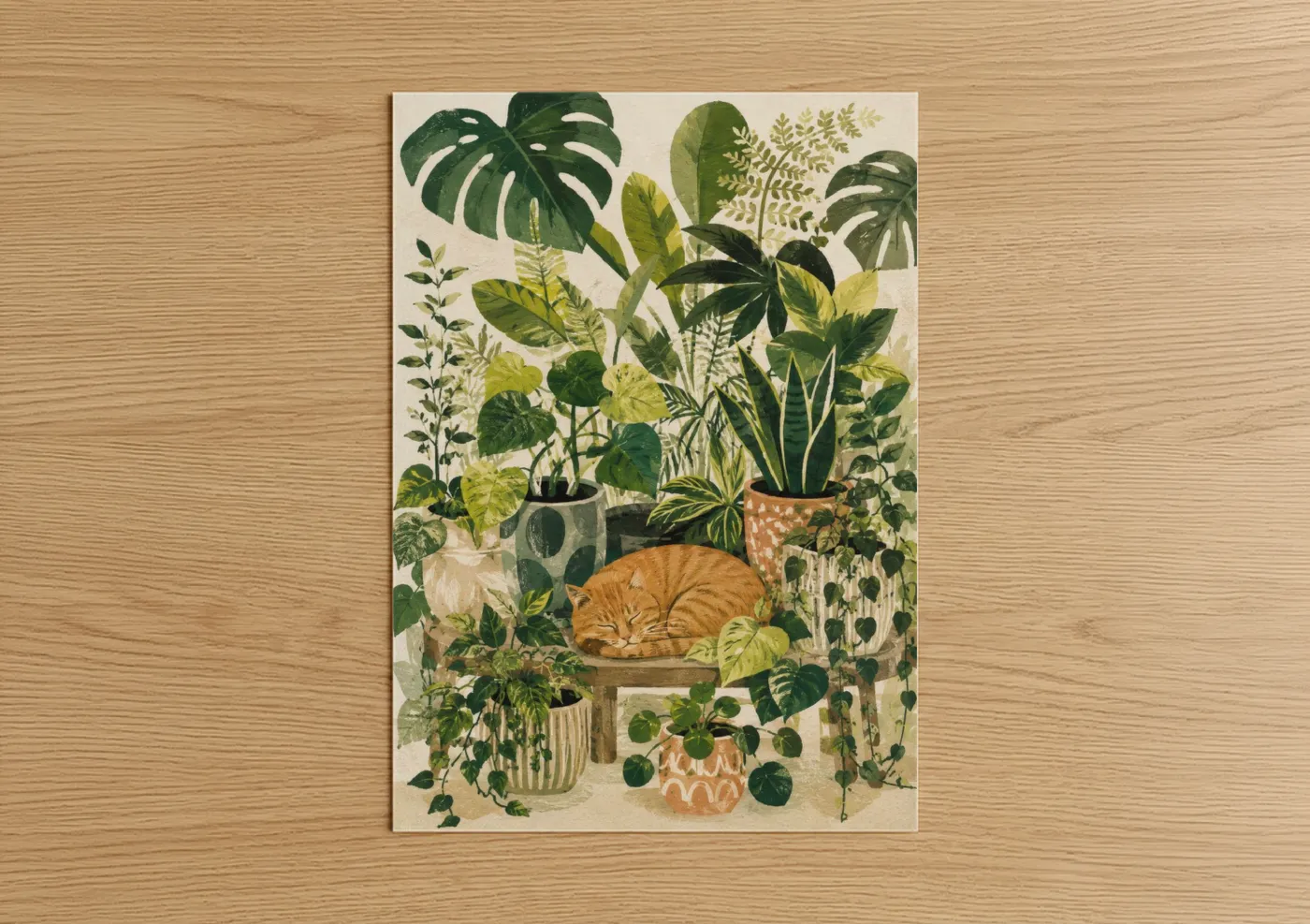 Art print on warm oak wood — true green and beige palette — Tropical Plants with Sleeping Cat Wall Art poster