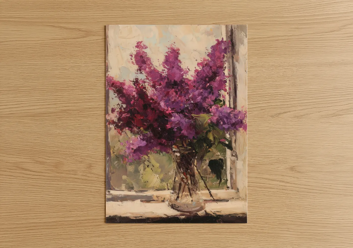 Art print on warm oak wood — magenta and cream palette — Purple Lilac Bouquet poster