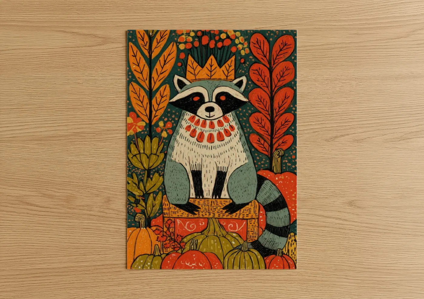 Autumn Raccoon Folk Art Illustration Wall Art