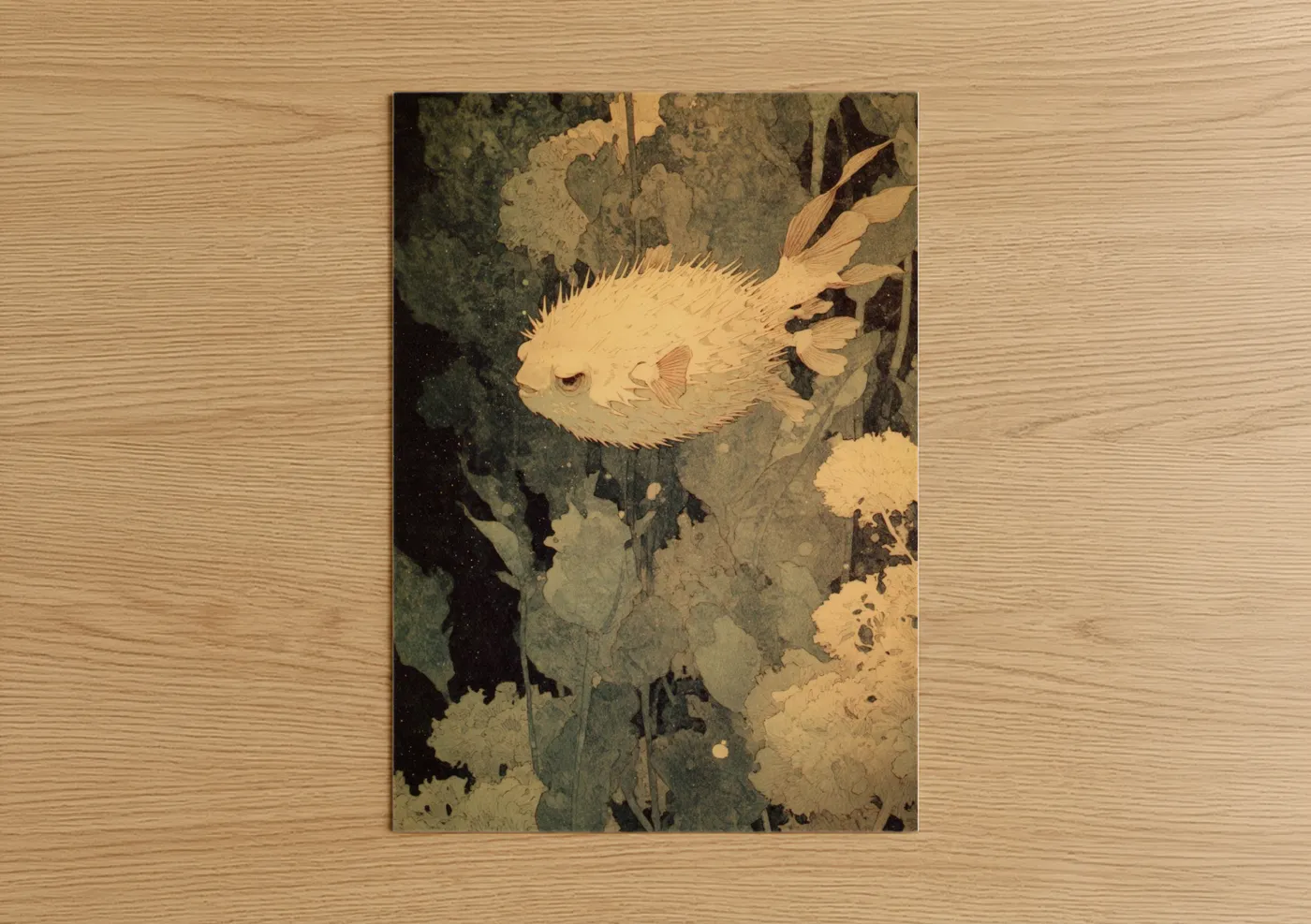 Art print on warm oak wood — cream and sage green palette — Spiky Puffer Fish poster