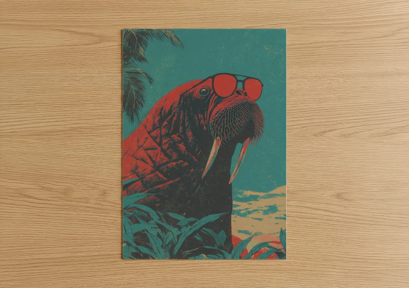 Art print on warm oak wood — red and teal palette — Red Walrus Portrait poster