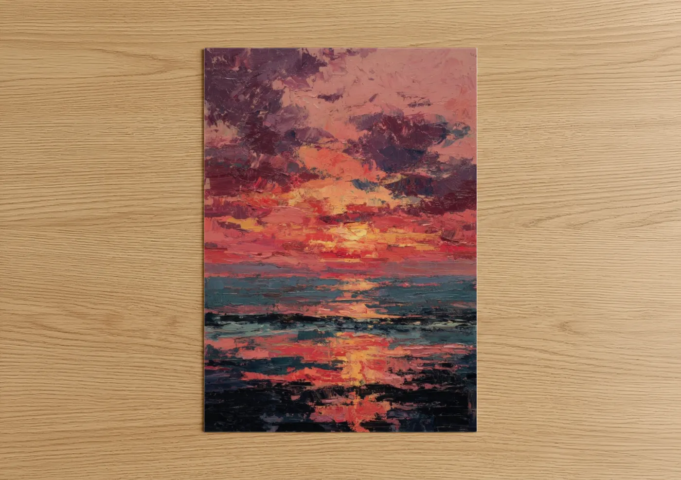 Beach sunrise and sunsets art print on warm oak wood — red and gold palette — Crimson Sunset Reflection poster