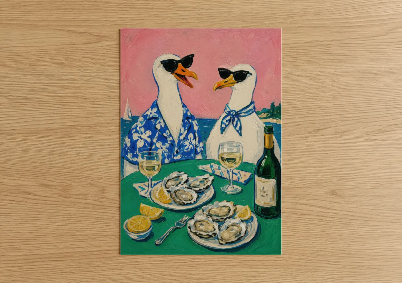 Art print on warm oak wood — pink and blue palette — Coastal Seagulls Dining Beachside Wall Art poster