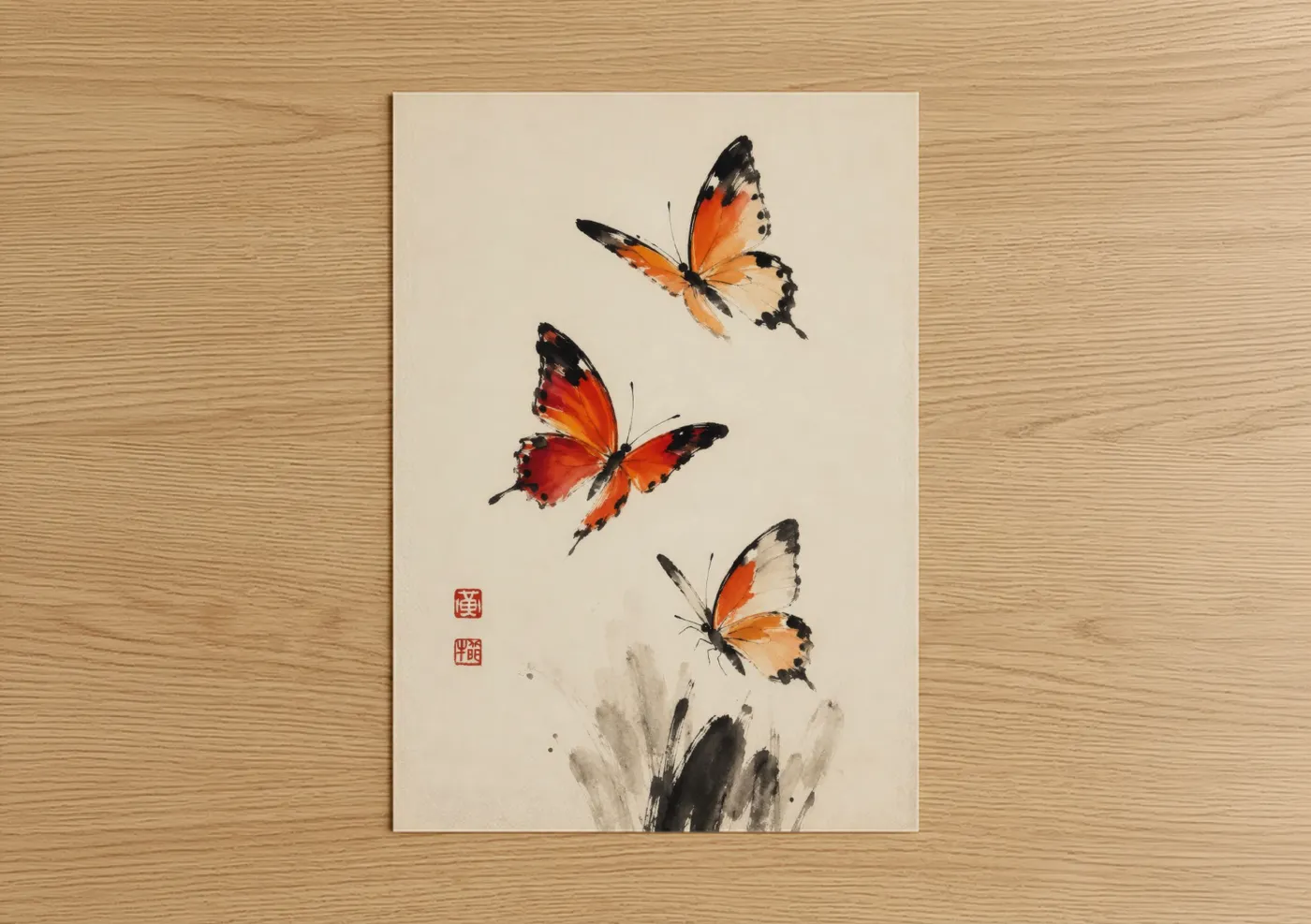 Art print on warm oak wood — orange and black and white palette — Japanese Butterfly Minimalist Wall Art poster