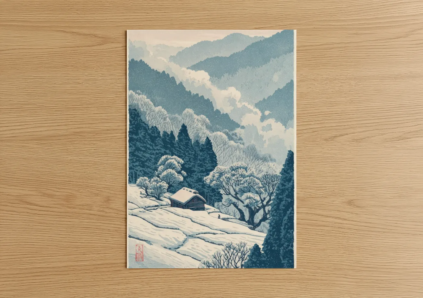 Blue ridge mountains art print on warm oak wood — blue and white and dove gray palette — Snowy Ridge Vista poster