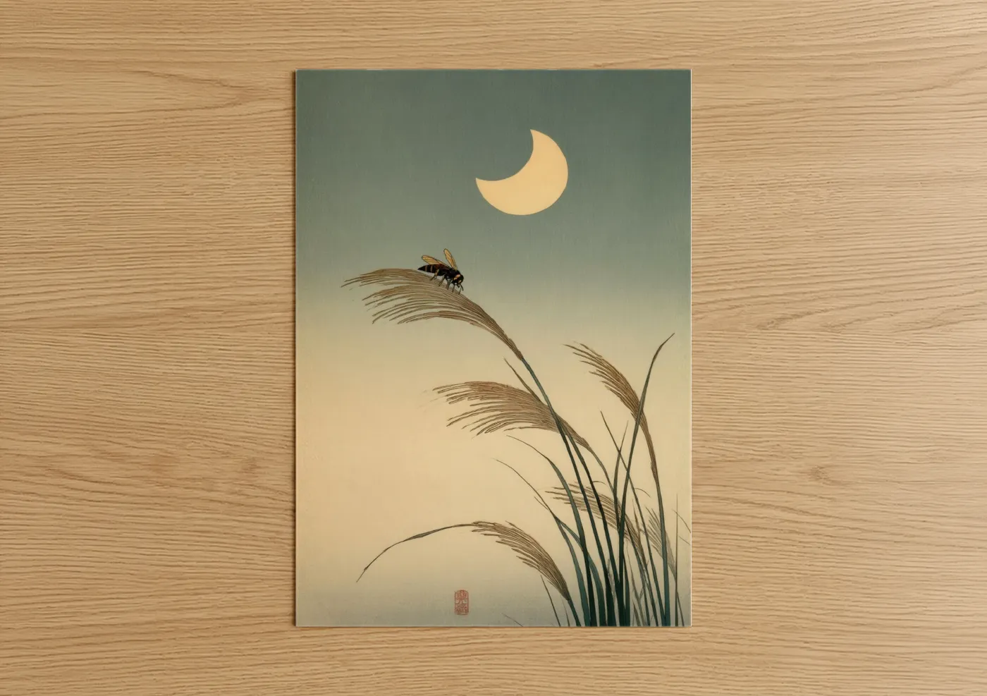 Art print on warm oak wood — cream and sage green palette — Moonlit Wasp poster