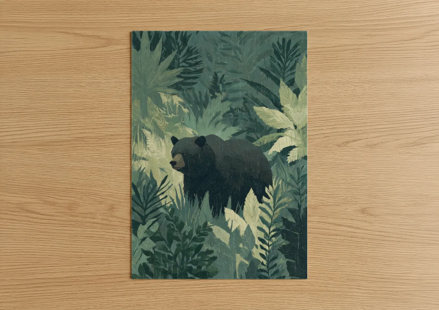 Grizzly bear art print on warm oak wood — sage green and dark green palette — Forest Grizzly poster
