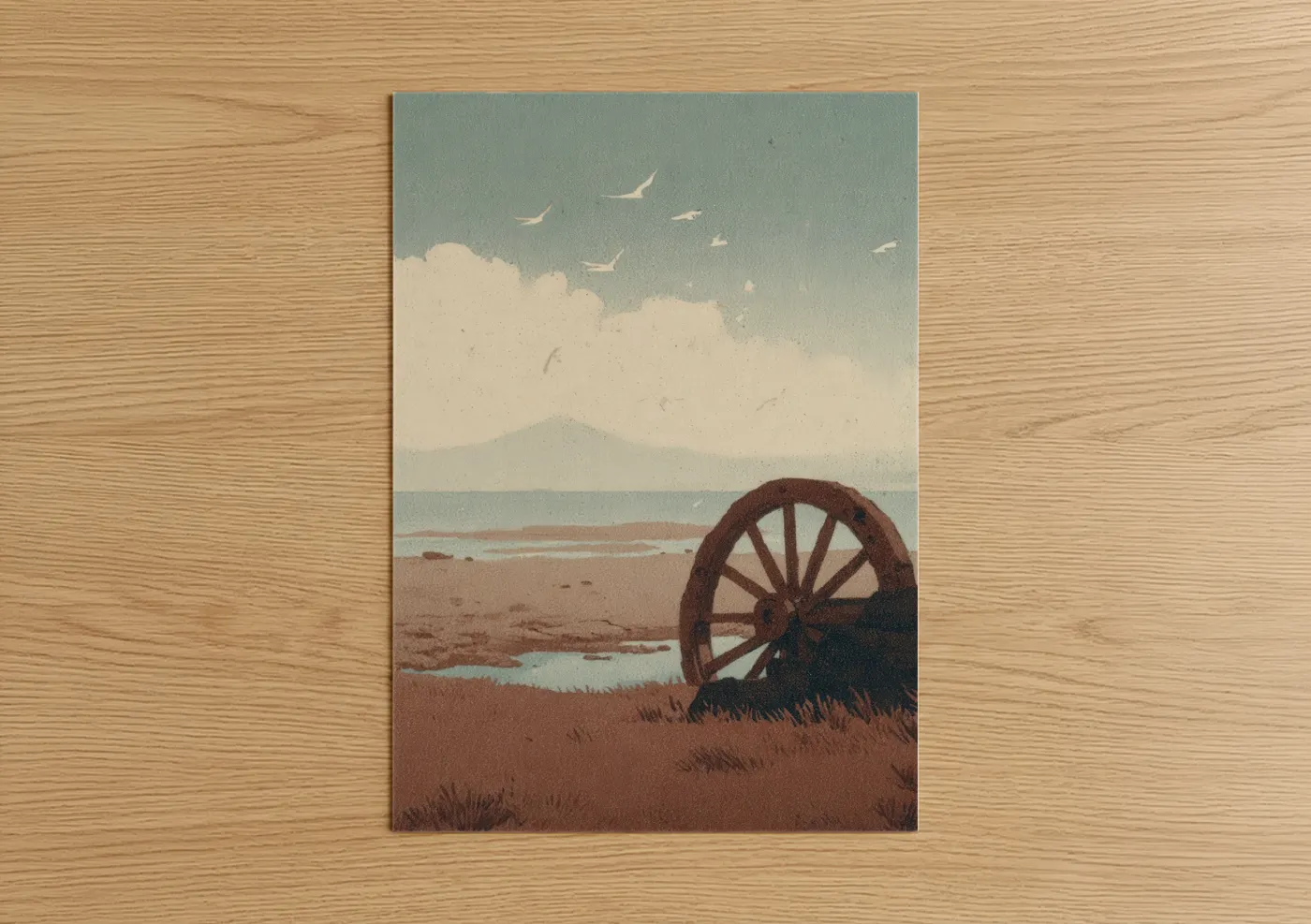Vintage Shipwheel Coastal Landscape Wall Art