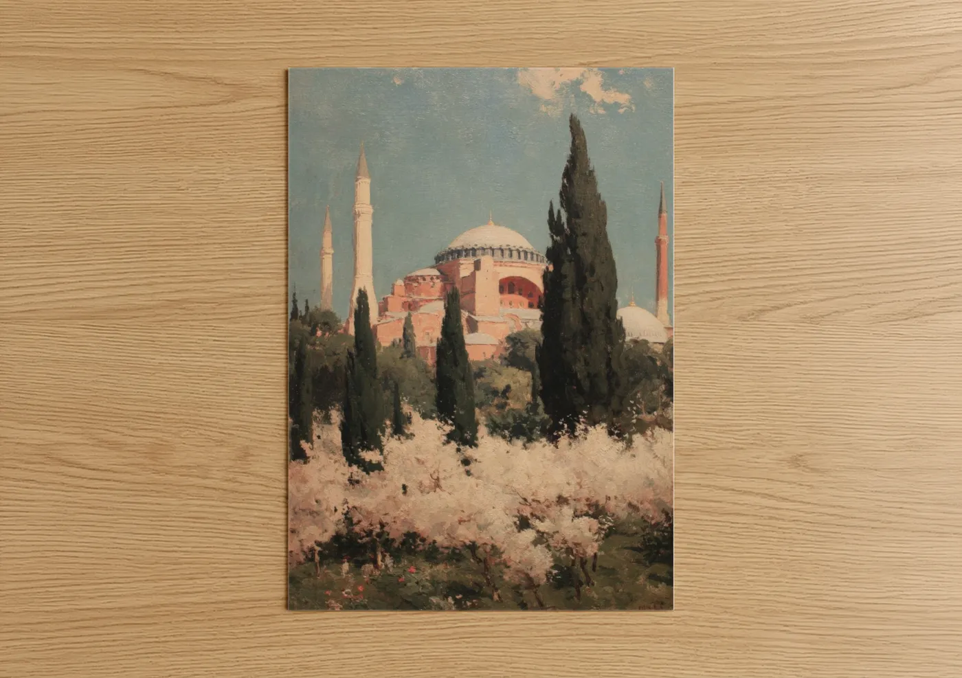 Hagia sofia art print on warm oak wood — blue and gold palette — Hagia Sophia Majesty poster