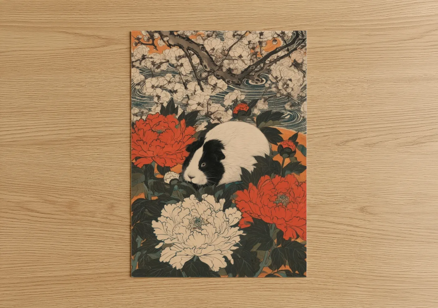 Art print on warm oak wood — orange and red palette — Garden Guinea Pig poster