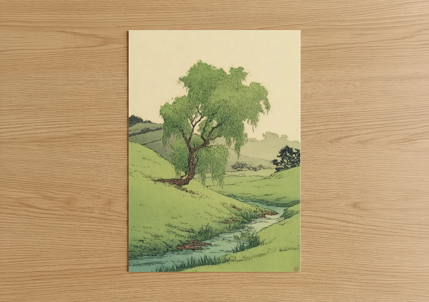 Willow Tree Green Field Rural Landscape Wall Art