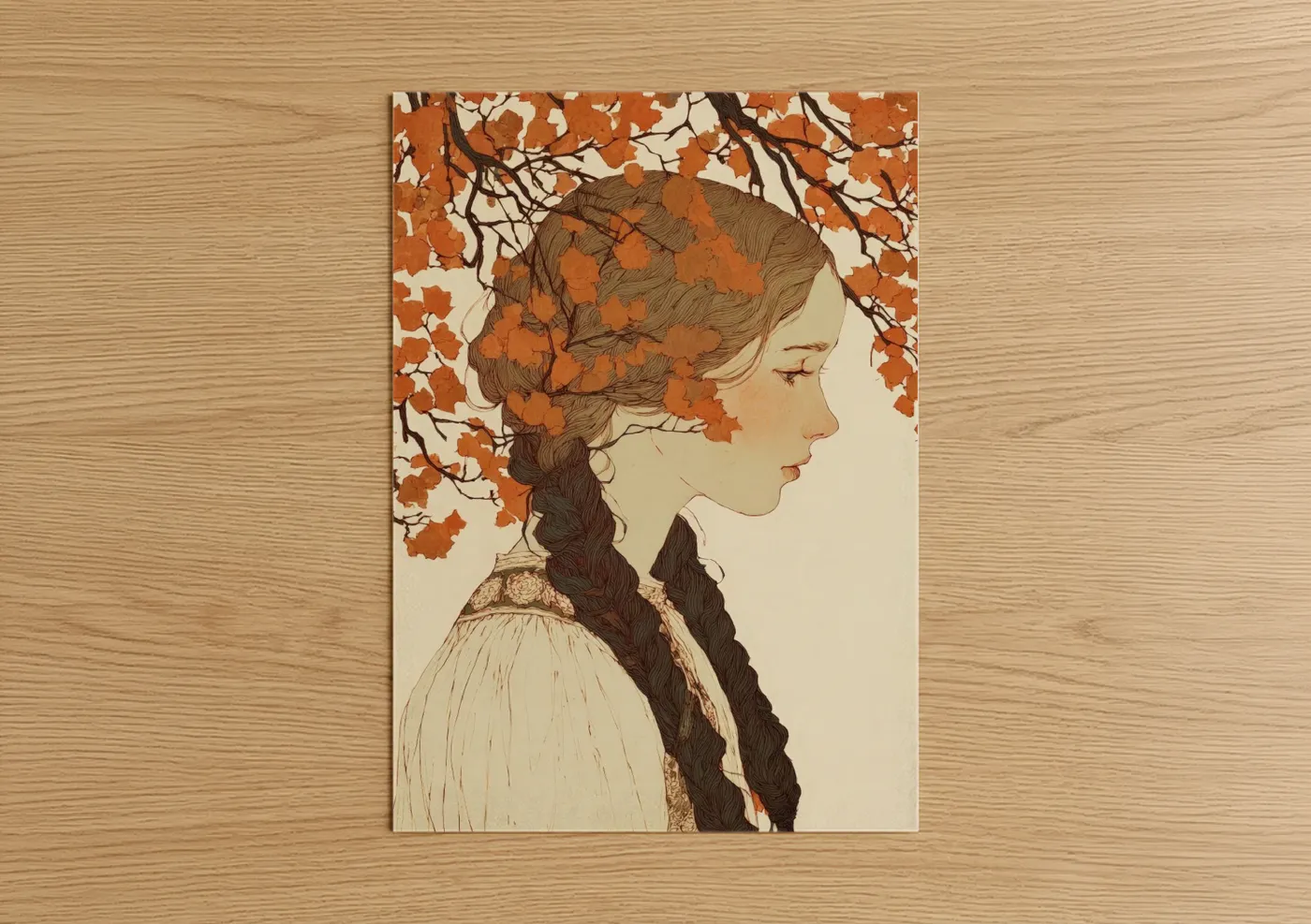 Art print on warm oak wood — gold and brown palette — Autumn Hair Profile poster