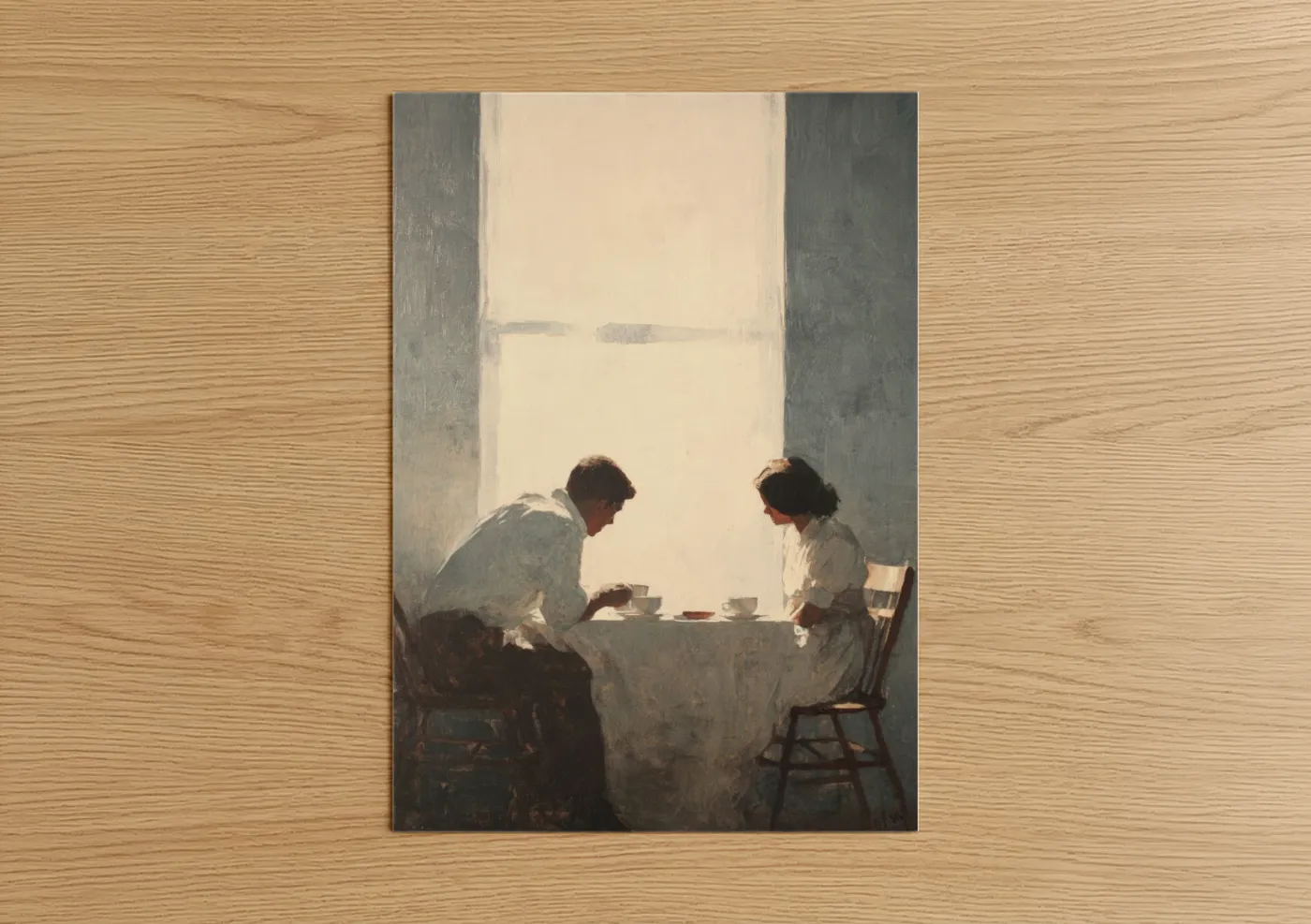 Couple art print on warm oak wood — gray and cream palette — Quiet Moment Together poster