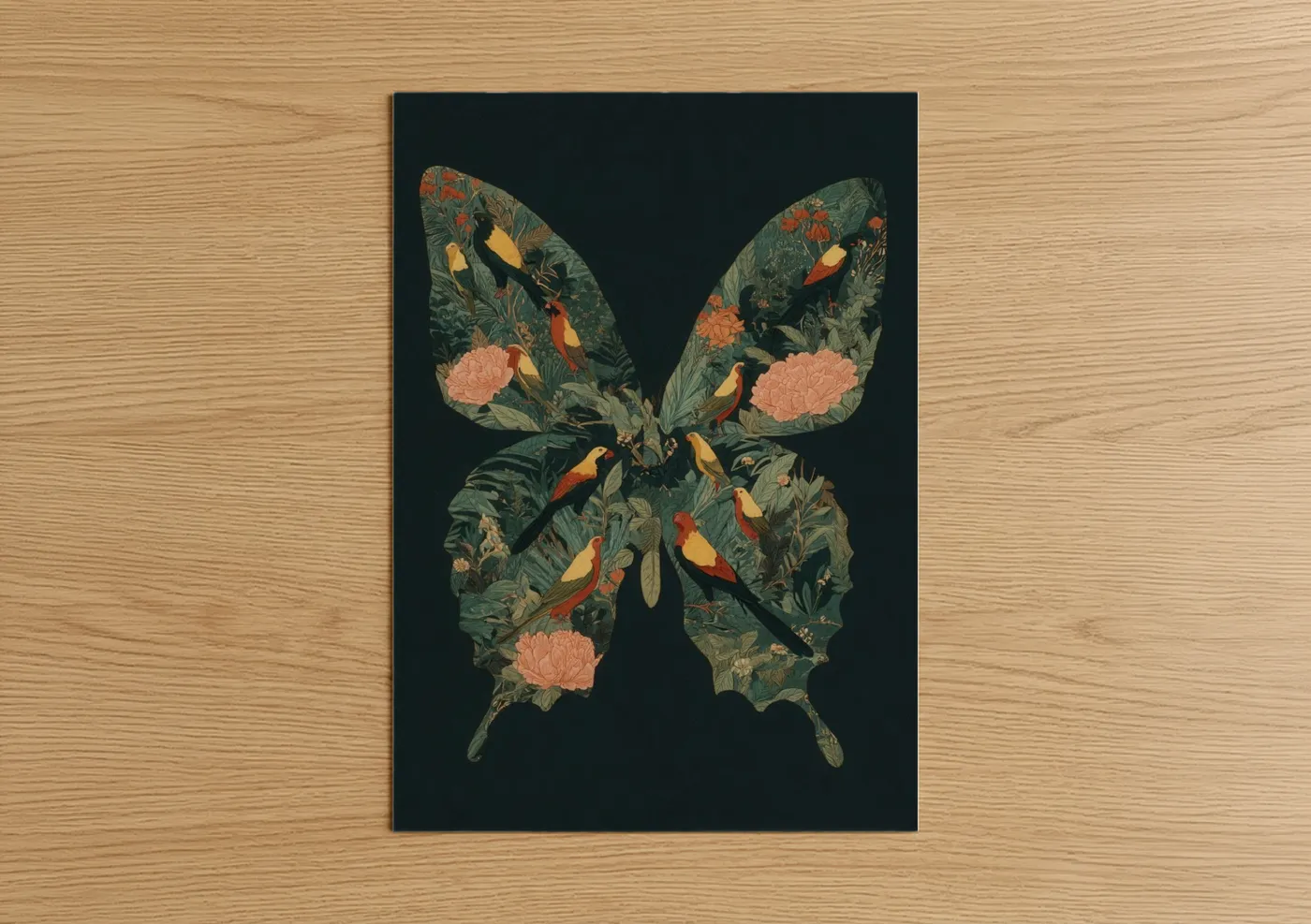 Art print on warm oak wood — dark green and peach palette — Tropical Parrot Butterfly poster