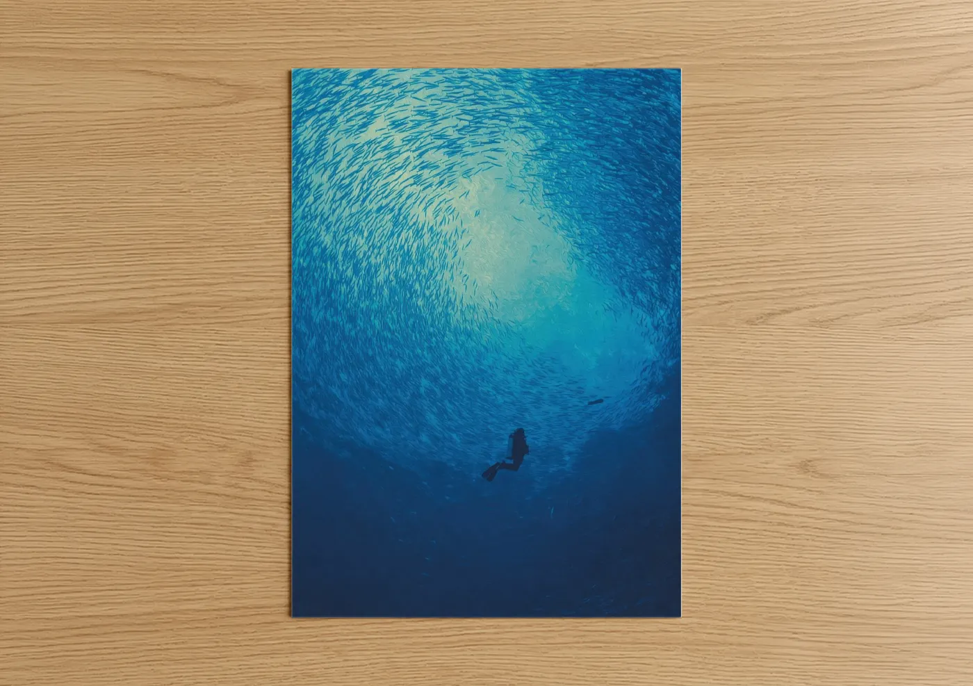 Diving art print on warm oak wood — blue and turquoise palette — Underwater Descent poster