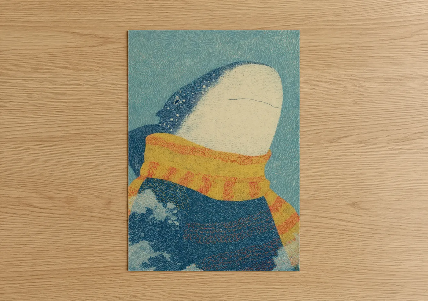 Art print on warm oak wood — turquoise and gold palette — Cozy Whale Shark poster