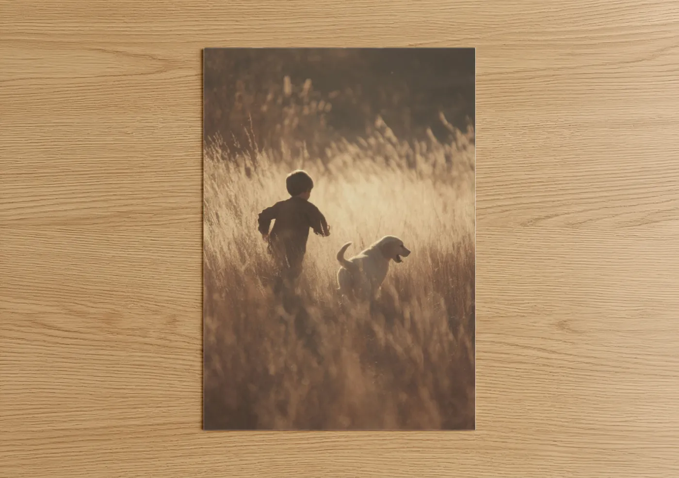 Kids animals art print on warm oak wood — gold and brown palette — Golden Hour Adventure poster