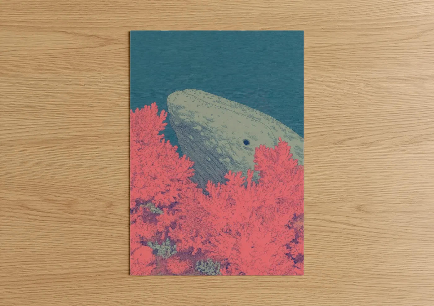 Gray whale art print on warm oak wood — teal and salmon pink palette — Coral Whale poster