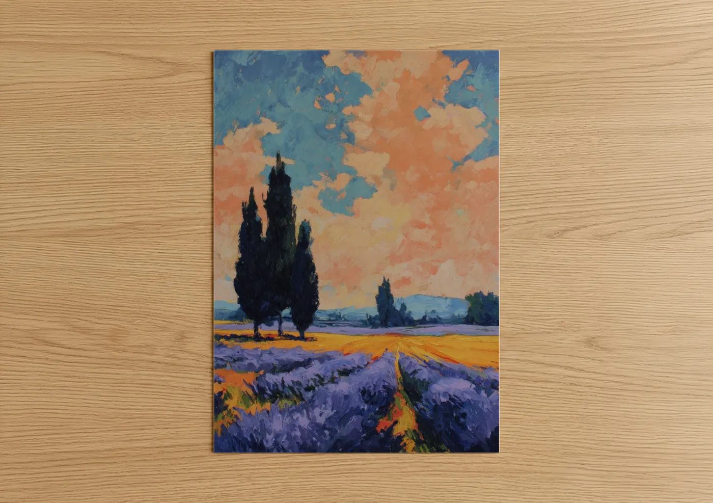 Lavender field art print on warm oak wood — orange and blue palette — Tuscan Lavender Sunset poster