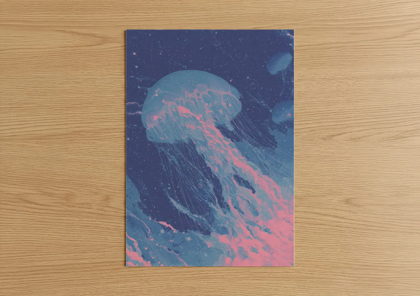 Nebula art print on warm oak wood — blue and salmon pink palette — Cosmic Jellyfish poster
