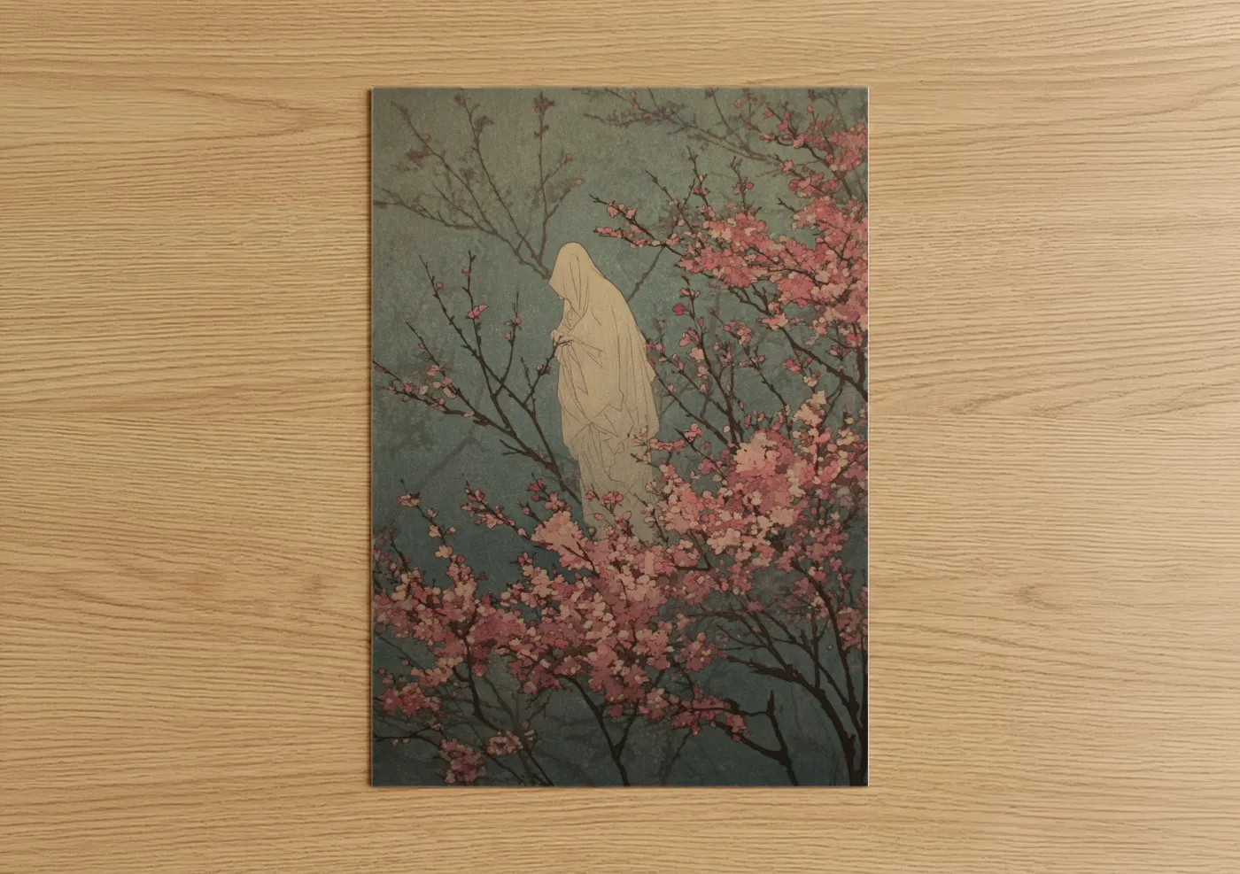 Ghost art print on warm oak wood — sage green and salmon pink palette — Veiled Spirit Blossoms poster