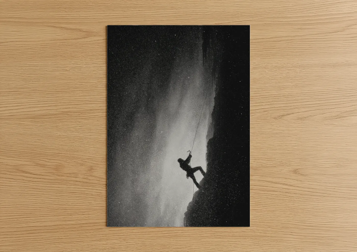 Ice climbing art print on warm oak wood — black and white and gray palette — Frozen Ascent poster
