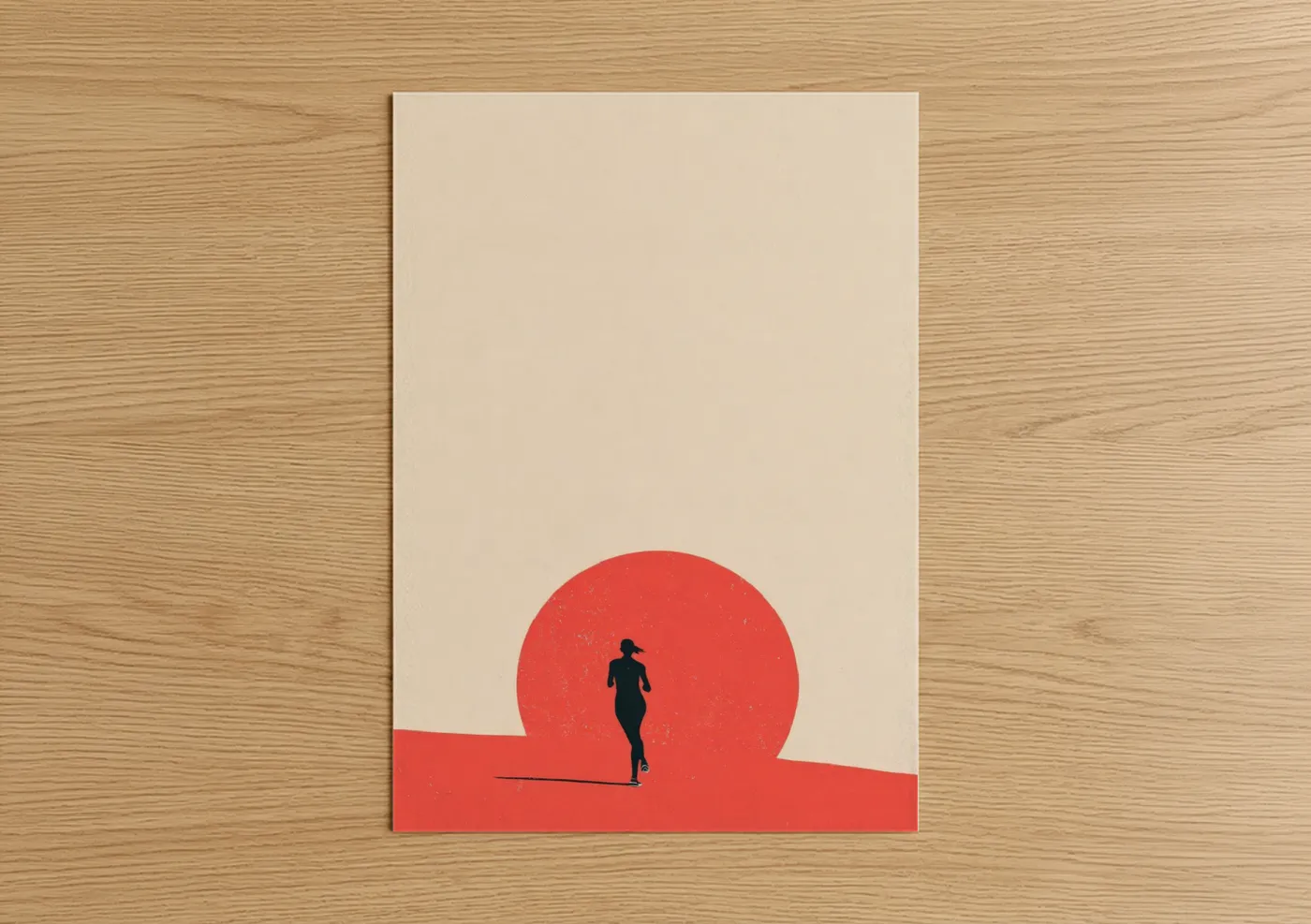 Running art print on warm oak wood — red and beige palette — Sunrise Runner poster