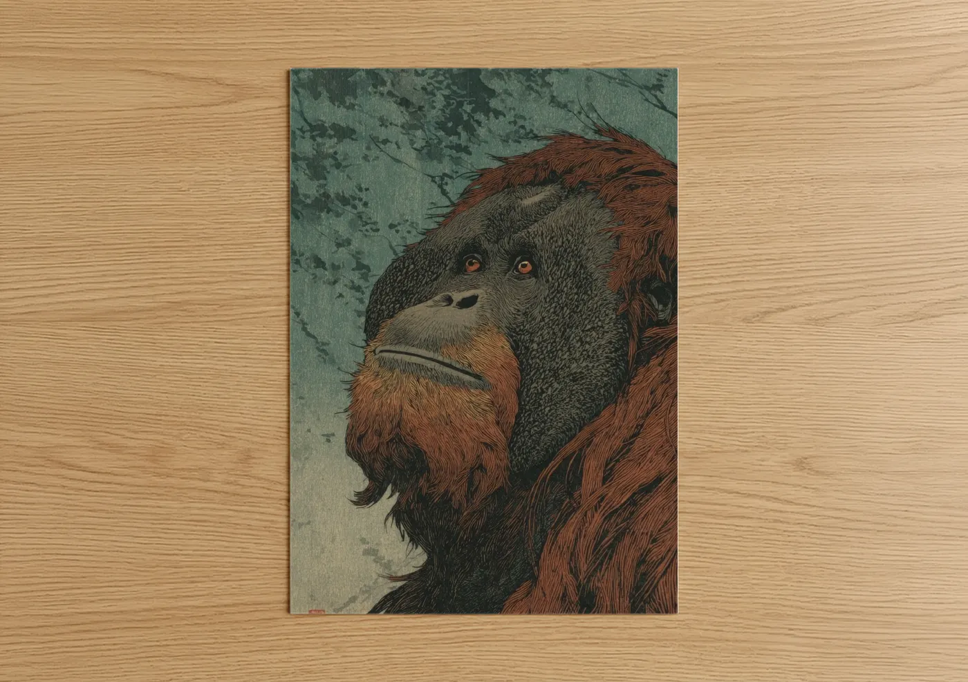 Art print on warm oak wood — teal palette — Contemplative Orangutan poster
