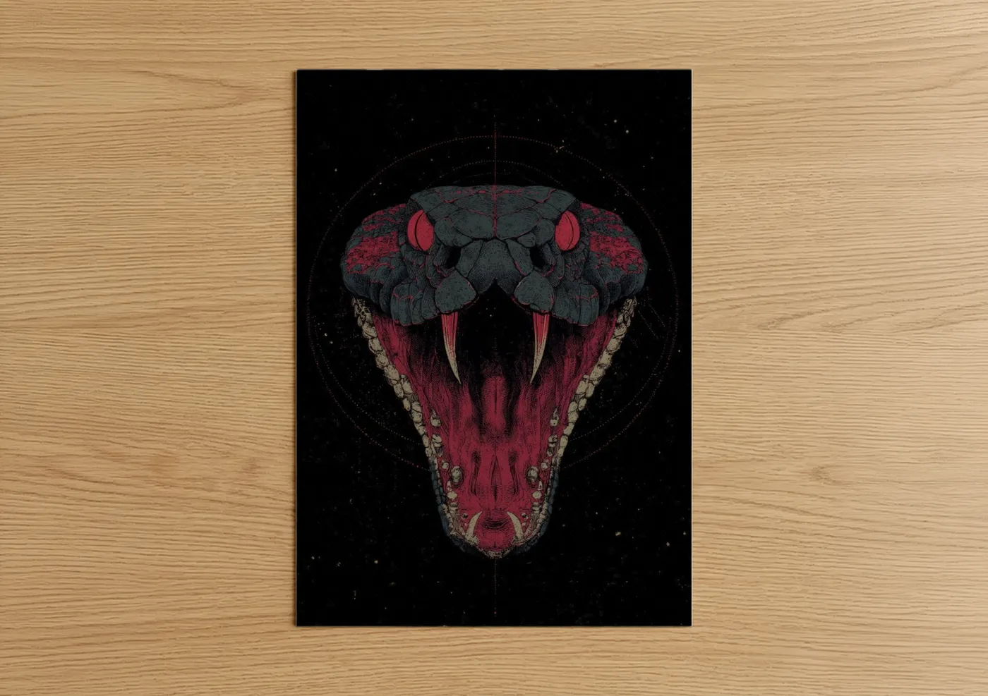 Art print on warm oak wood — red and black palette — Crimson Viper poster