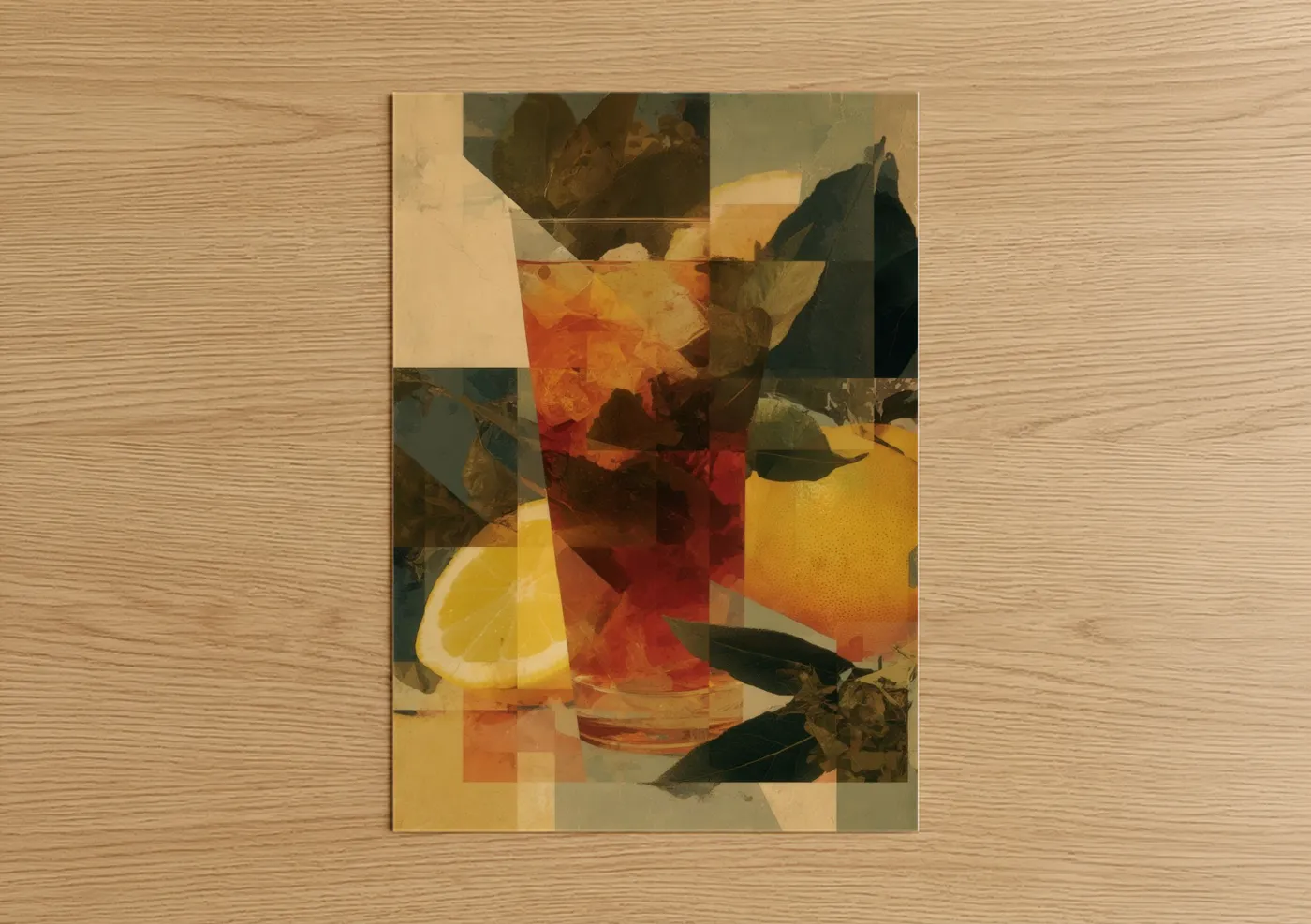 Iced tea art print on warm oak wood — gold and red palette — Citrus Refreshment poster