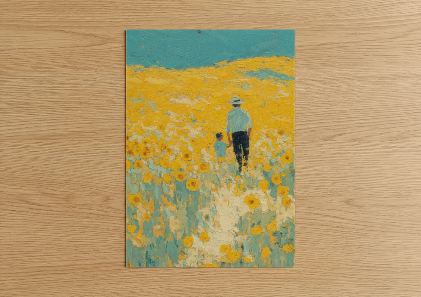 Father's day art print on warm oak wood — yellow gold and teal palette — Sunflower Field Walk poster
