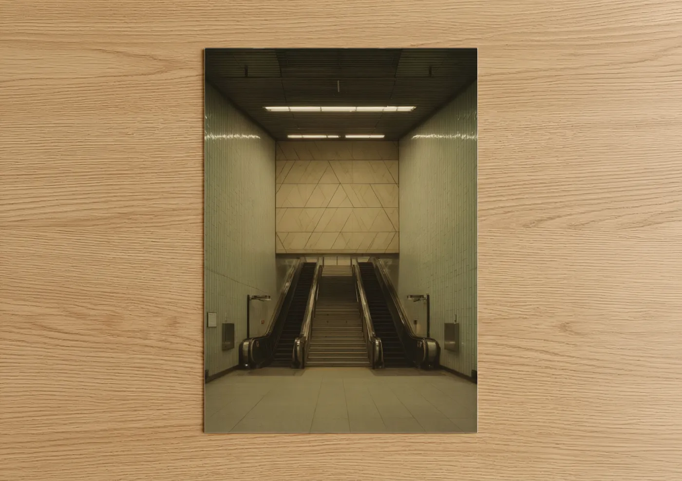 Art print on warm oak wood — cream and gray palette — Modern Subway Station poster