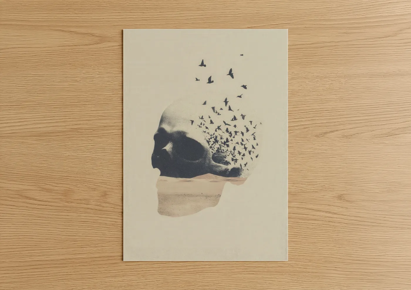 Art print on warm oak wood — cream and black palette — Ethereal Skull poster