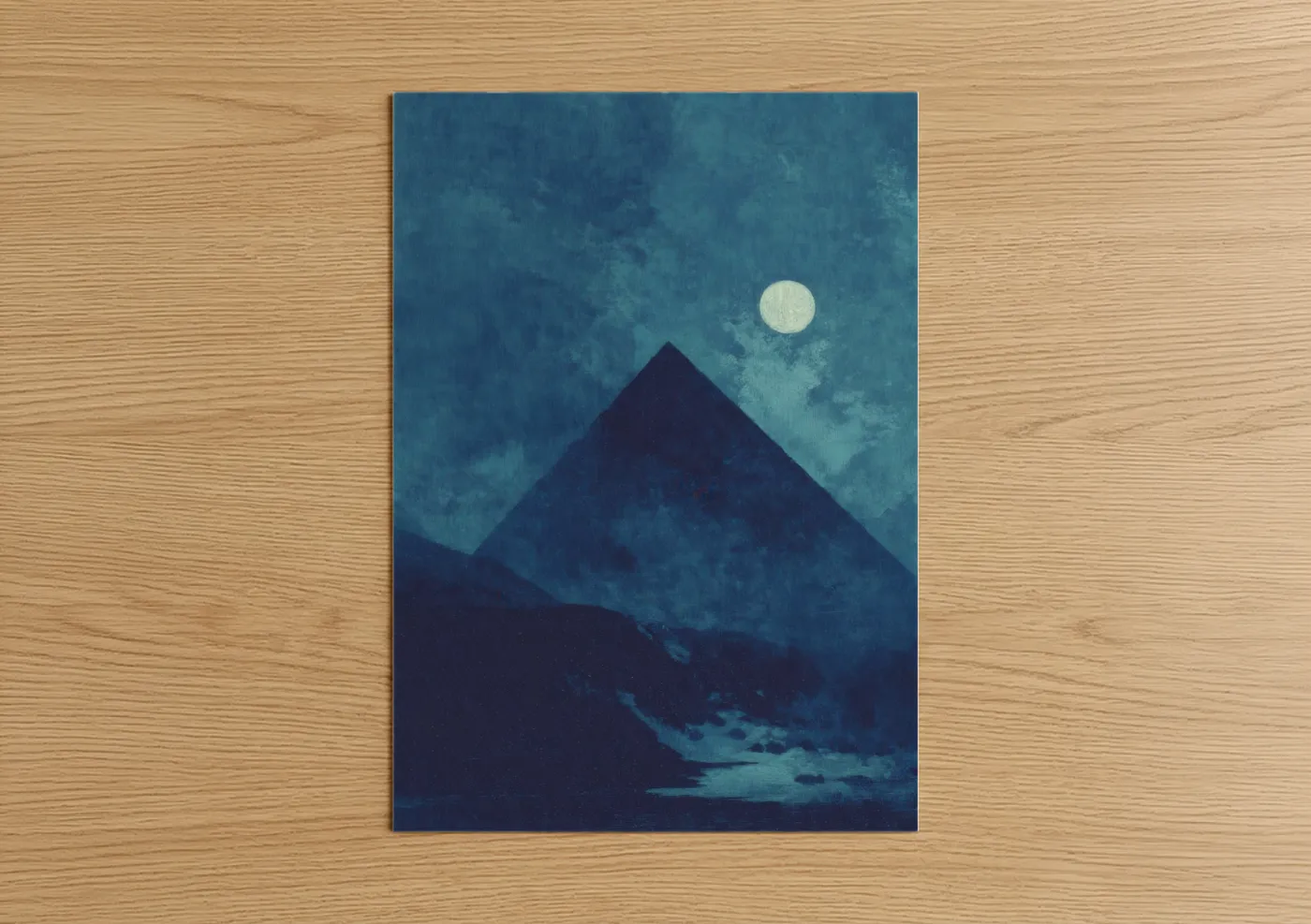 Great pyramid of giza art print on warm oak wood — dark blue and blue palette — Moonlit Pyramid poster