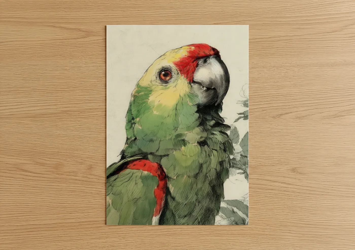 Safari parrots art print on warm oak wood — red and green palette — Crimson Parrot Profile poster