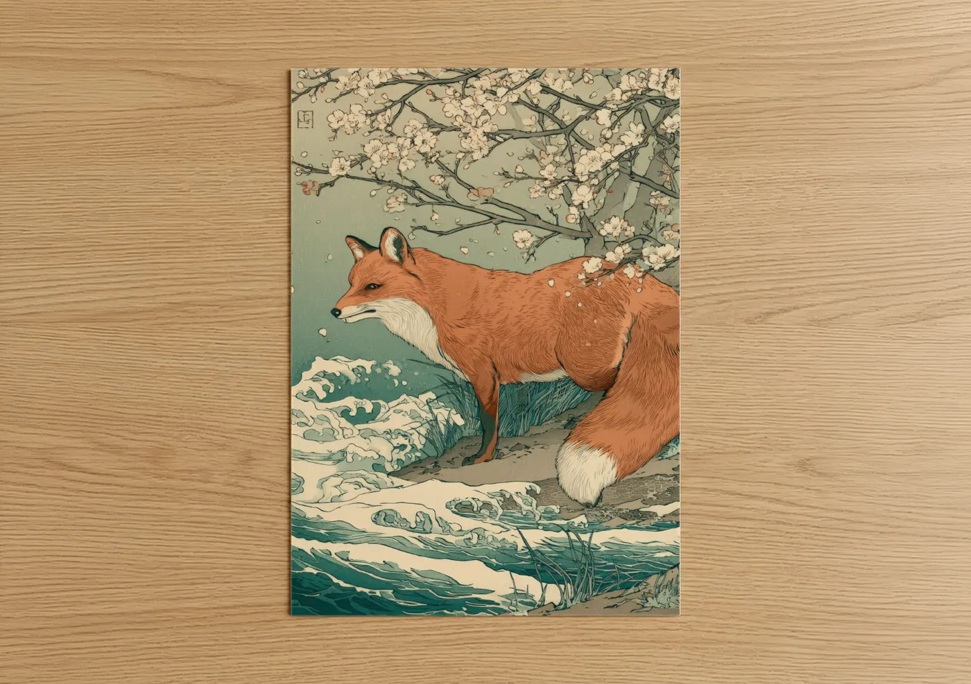 Art print on warm oak wood — sage green and cream palette — Cherry Blossom Fox poster