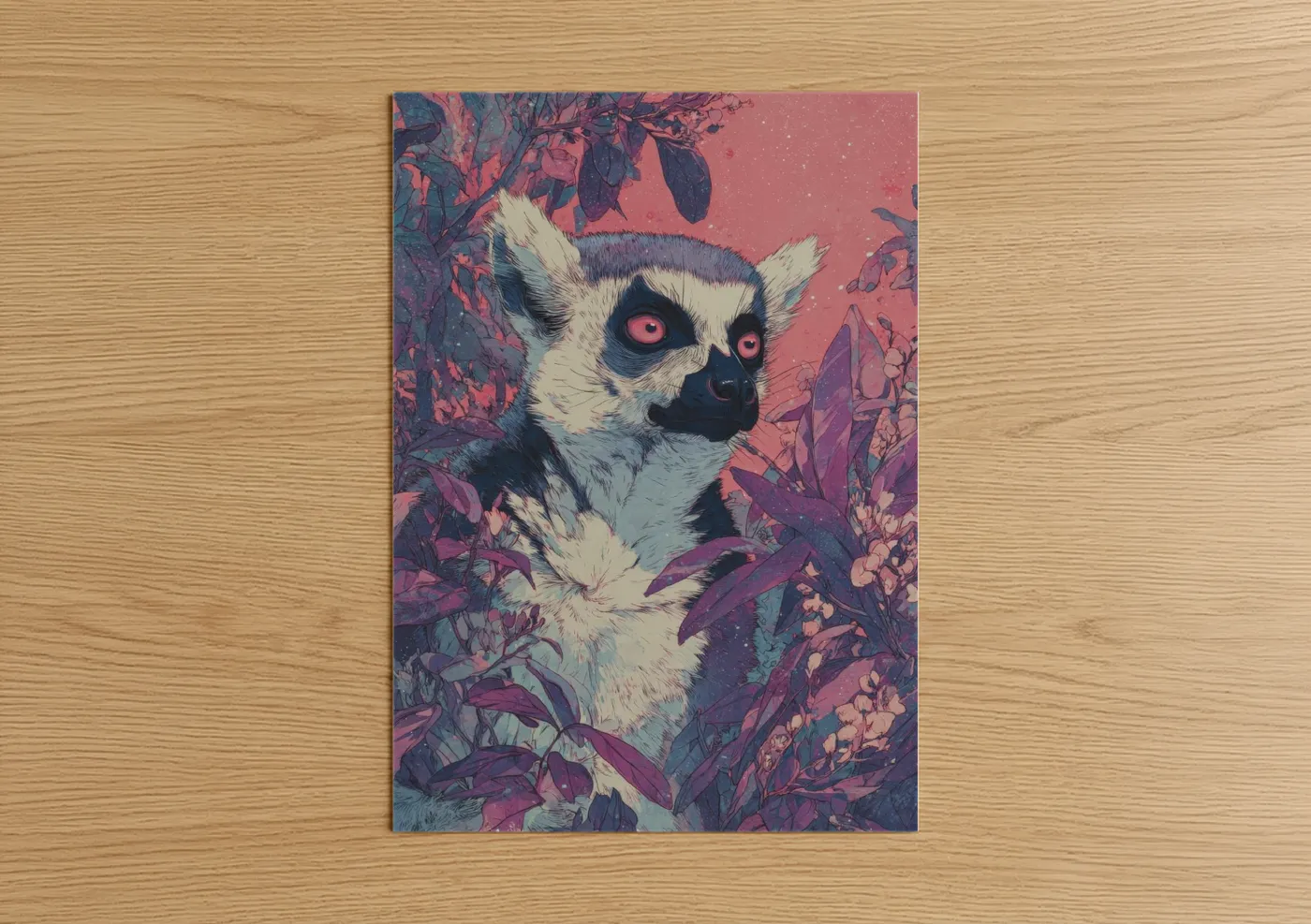Art print on warm oak wood — pink and purple palette — Cosmic Lemur poster