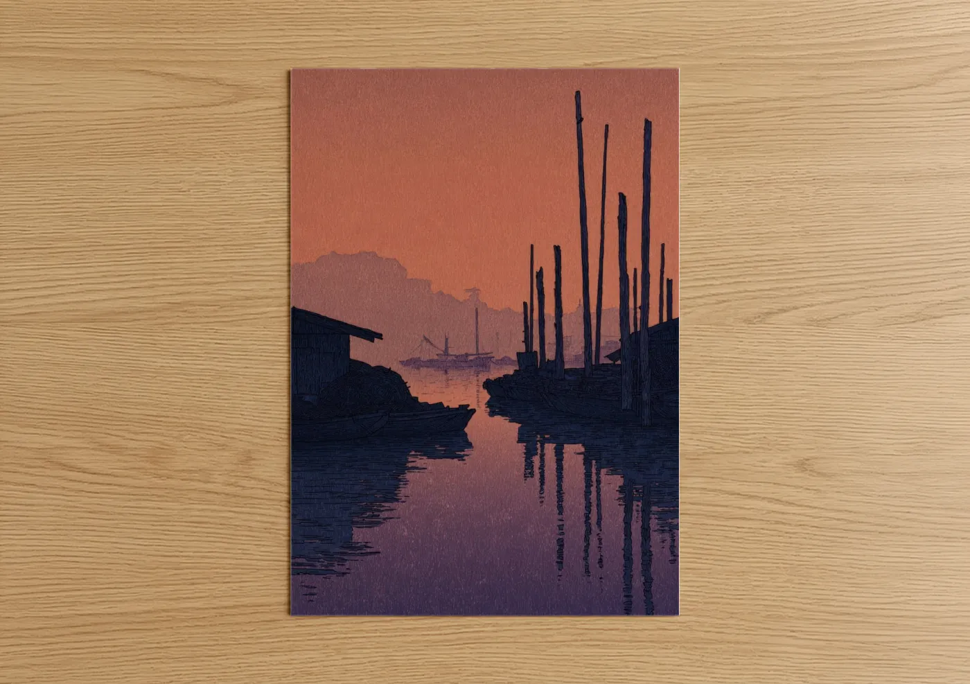 Crimson Dock Silhouette Nautical Sunset Wall Art