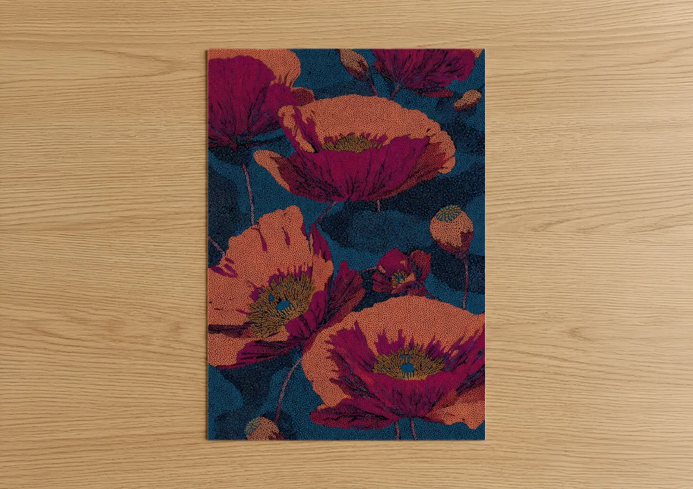 Art print on warm oak wood — magenta and dark blue palette — Jewel Tone Poppies poster