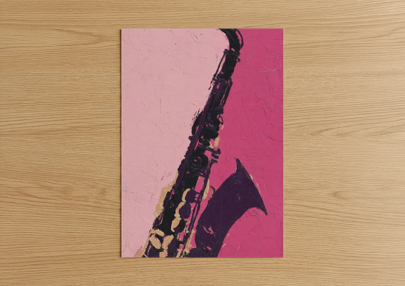 Art print on warm oak wood — pink and magenta palette — Pink Saxophone poster