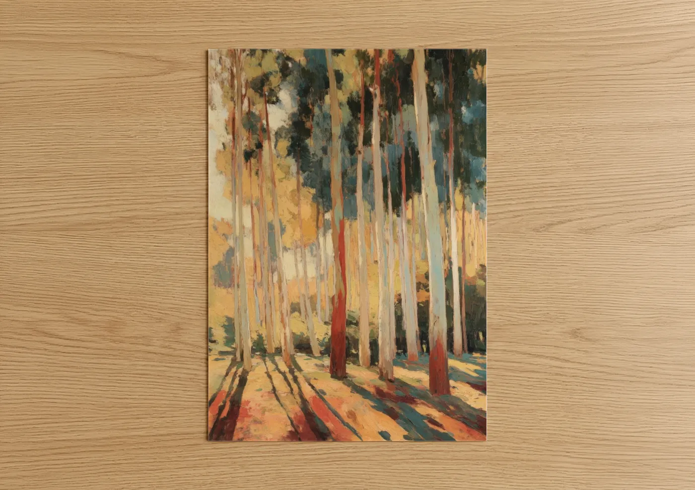 Eucalyptus forest art print on warm oak wood — gold and teal palette — Sunlit Eucalyptus poster