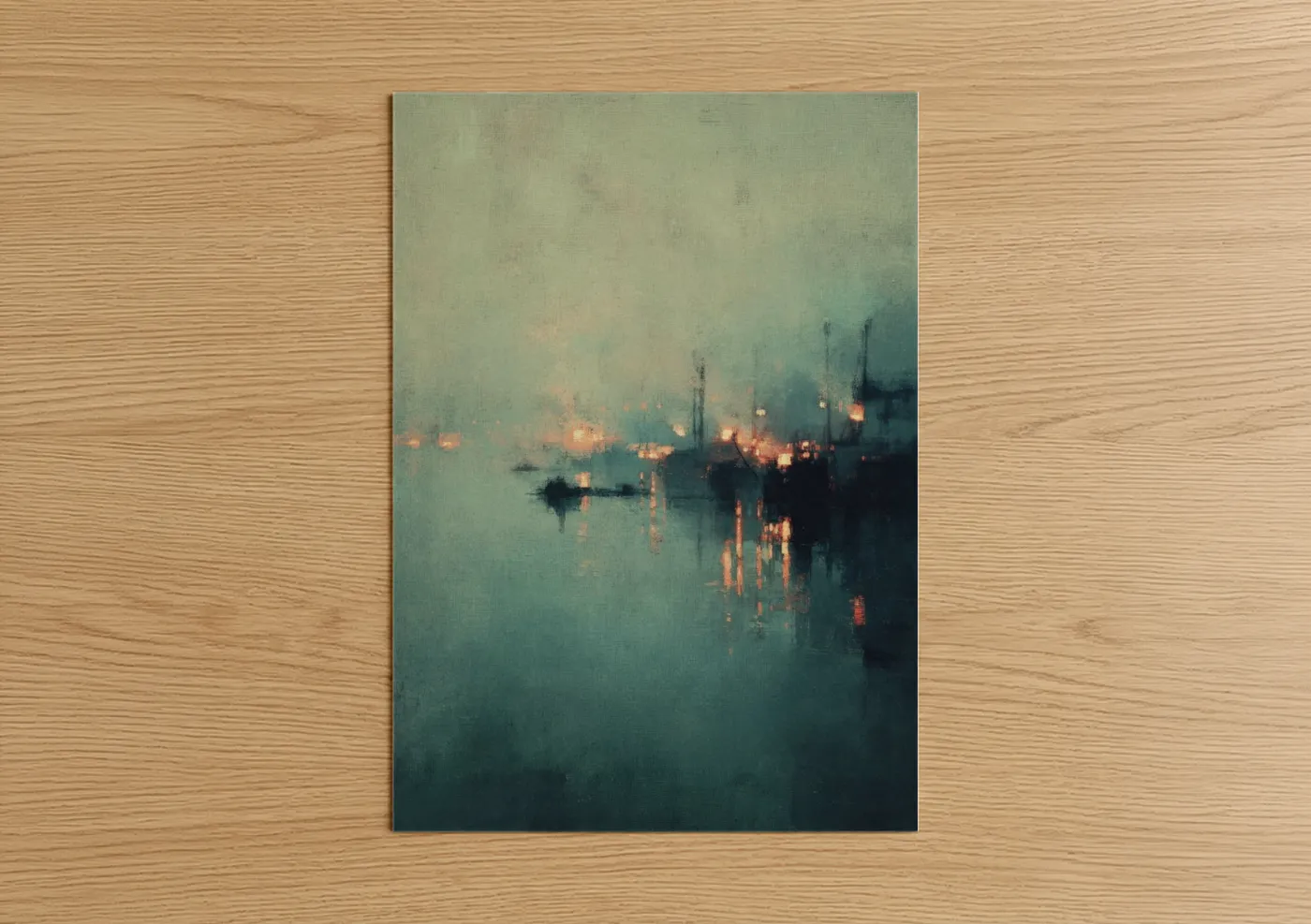 Port art print on warm oak wood — teal and gold palette — Misty Harbor Lights poster