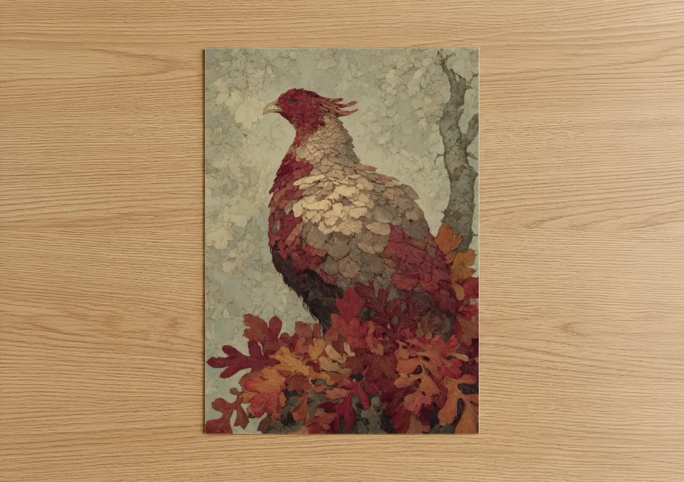 Art print on warm oak wood — russet and gold palette — Autumn Phoenix poster